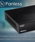 Close-up of black 5 Port Unmanaged 2.5G Switch For Gaming, sleek fanless design emphasizing low energy consumption and noise reduction.