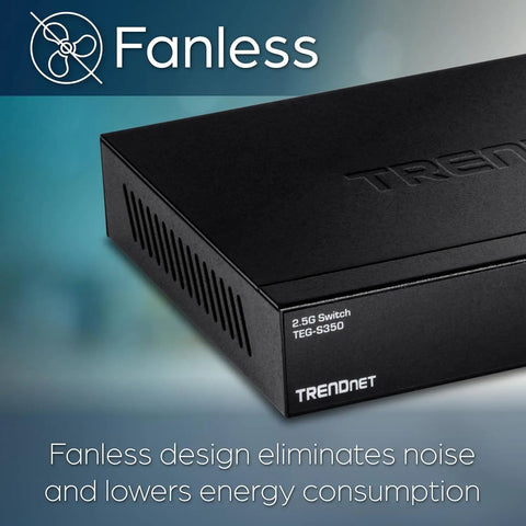 Close-up of black 5 Port Unmanaged 2.5G Switch For Gaming, sleek fanless design emphasizing low energy consumption and noise reduction.