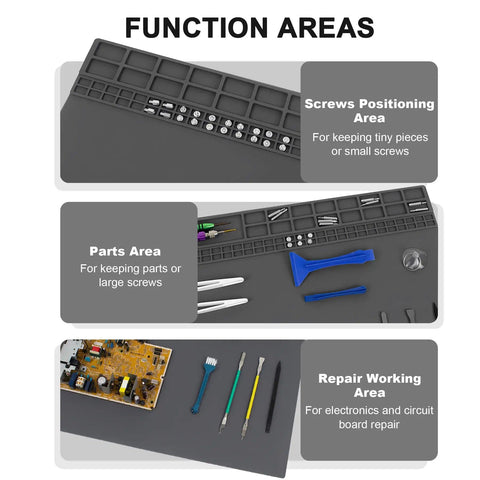 27.6 By 15.7 Inch Extra Large Soldering Mat With Wrist Strap And Grounding Accessories showing screws, parts, and repair areas