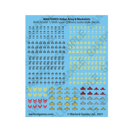 Decal sheet for Bolt Action Italian Army and Blackshirts 1 To 56 Scale Tabletop Miniatures Set 28mm soldiers, paintable plastic.
