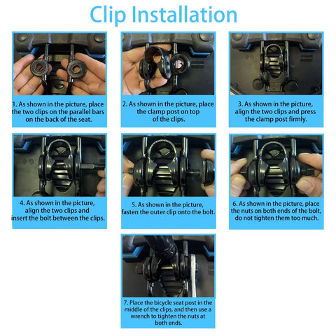 Installation instructions for Noseless Bike Seat Cushion With Memory Foam And Ventilation For All Day Comfort. Step-by-step clip setup.