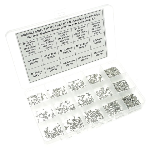 TopShelf Phillips Pan Head Machine Screws And Hex Nuts Metric Assortment Kit Featuring 850Pieces Of JobsiteGrade Stainless Steel Hardware For NoFuss Daily Repairs in a divided storage box.