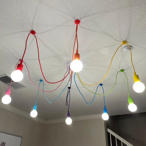 Eight-Arm Spider Pendant Light Chandelier for Kids Room with multicolor wires and E26 bulb base