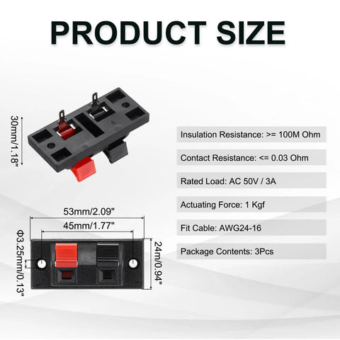 Two Way Spring Terminal Clip Push Release Connector Plate Jack Socket For Speaker Terminal Strip Block Test Clip WP21 3Pcs with dimensions and specs