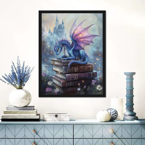 Framed Dope Dragon Diamond Painting Kit For Adults 5D Full Drill DIY Diamond Art Set With Canvas, featuring a dragon on books, 12x16 Inch