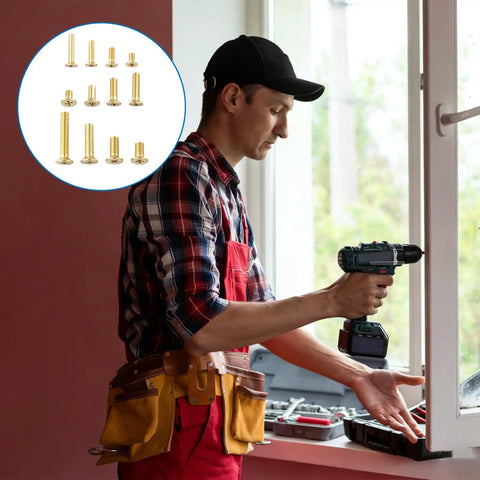Badass Brass Machine Screw And Nut Kit With Washers For Electronics Repair Heavy Duty Flat Head Phillips fasteners displayed with a handyman.