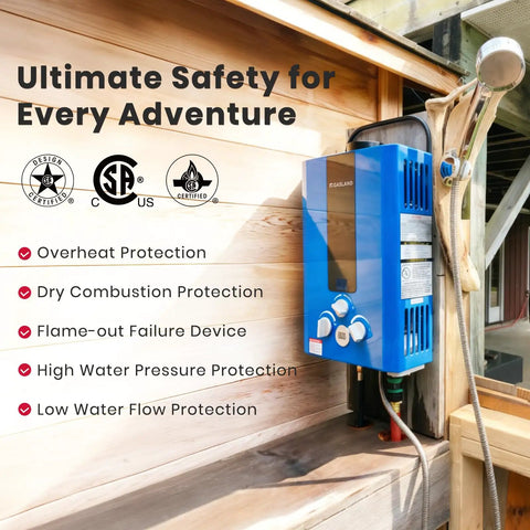 On Demand Propane Tankless Water Heater 6L Portable For RVs Boats And Campsites, mounted on outdoor wooden wall
