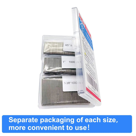 Premium 23 Gauge Headless Pin Nails With Rust Resistant Stainless Steel Construction In Five Sizes For A Massive 5000 Pack, separated packaging.