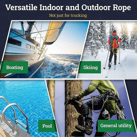 Heavy Duty Truck Rope For Cargo Securement And Tie Downs With Twisted 3 Strand Polypropylene Black With Orange Tracer shown in boating, skiing, pool, and utility uses.