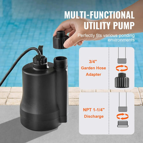 Submersible Sump Pump One Third HP, 2450 GPH High Flow, 30 Feet Head, Heavy Duty Thermoplastic Water Pump With 10 Foot Power Cord poolside