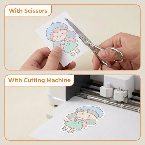 Hands cutting clear sticker from 12 Piece Sublimation Paper Set For Sublimation Printers And Ink, Clear Sublimation Sticker Paper Included