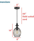 Adjustable 1 Light Hanging Mini Pendant Ceiling Light With Metal Wire Shade In Matte Black Finish, 8 Inch Wide And 14 Inch High