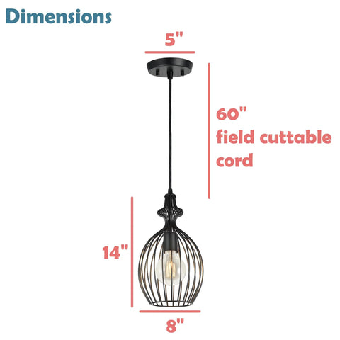 Adjustable 1 Light Hanging Mini Pendant Ceiling Light With Metal Wire Shade In Matte Black Finish, 8 Inch Wide And 14 Inch High