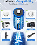 Kick Ass Heavy Duty CR123A 3V Lithium Batteries 6 Pack With 1700MAH Killer Capacity shown with compatible devices like cameras and flashlights.