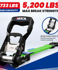 Close-up of Heavy Duty Ratchet Tie Down Straps 4 Pack 1.6 Inch Wide By 8 Feet Long showing ratchet mechanism and green strap.