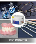 Heavy Duty Stainless Steel Ultrasonic Cleaner With Heat And Digital Timer For Glasses Jewelry Tools And Parts, displaying cleaning of accessories and dental items.