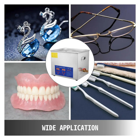 Heavy Duty Stainless Steel Ultrasonic Cleaner With Heat And Digital Timer For Glasses Jewelry Tools And Parts, displaying cleaning of accessories and dental items.
