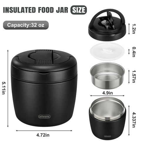 32 Oz Thermo Food Jar For Hot Meals Keeps Soup Warm For Hours Vacuum Insulated Stainless Steel Bento Box Lunch Container With Wide Mouth Leakproof Design Includes Spoon For School Office Or On The Go, black color, dimensions displayed