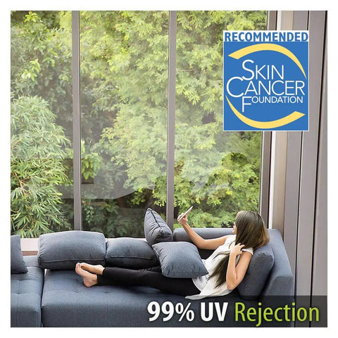 Clear UV Blocking Window Film With Scratch Resistant Coating For Unobstructed Views Superior UV Rejection Helps Prevent Furniture Fading 24 Inch By 50 Foot Roll applied to large windows in living room