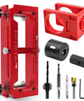 All In One Pro Door Hinge Jig And Lock Installation Kit with aluminum router template and bits, red and black tools visible