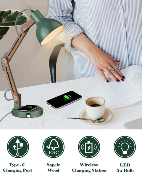 Dope LED Desk Lamp With Wireless Charger and USB C Port Sapele Wood Swing Arm Reading Light in home office setting