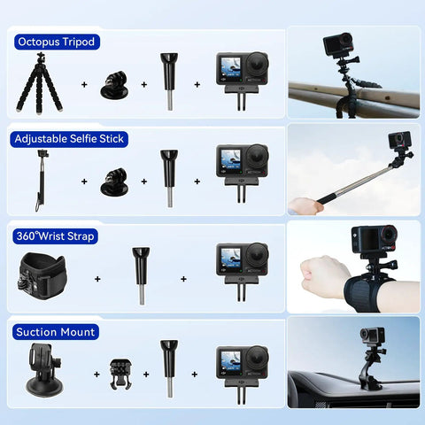 Osmo Action 4 Waterproof Action Camera Bundle with 58 piece accessory kit including tripod, selfie stick, wrist strap, suction mount.