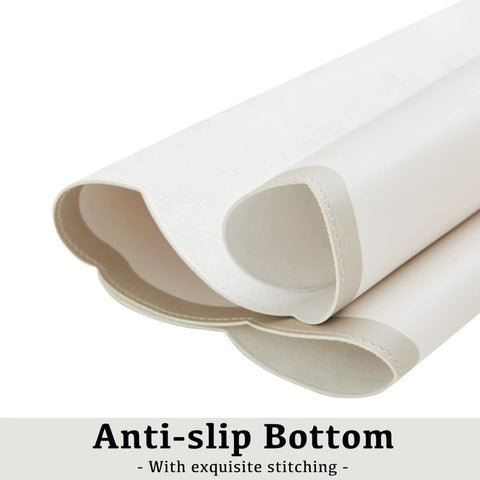 Stylish Scallop Edge Desk Mat Crafted From Smooth Faux Leather Blend With No Sweat Cleanup showing anti-slip bottom and stitching detail.
