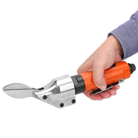 One Quarter Inch Air Shears Pneumatic Metal Cutter With Steel Straight Blade held by a hand, showing its compact size and durable build.