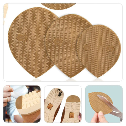 Three light brown polyurethane shoe heel repair pads, half round sole protectors for sneakers and athletic kicks.