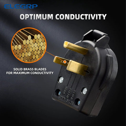 Heavy Duty NEMA 6 30P And 6 50P Angle Plug showing solid brass blades for maximum conductivity, UL Listed, industrial grade