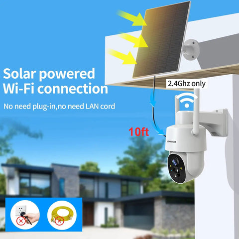 Solar Powered Wireless Outdoor Security Camera With 2K Resolution, PTZ 360 Degree Coverage, Motion Detection, Spotlight Night Vision, Two Way Audio, WiFi, Cloud Or SD Card Storage, AI Analysis