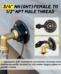 City Water Inlet For RV With Lead Free Brass And Check Valve, Three Quarter Inch NH Female To One Half Inch NPT Male Connection, Water Fill Inlet Flange Replacement For Camper Trailer Motorhome And Marine Use; mounted on RV side