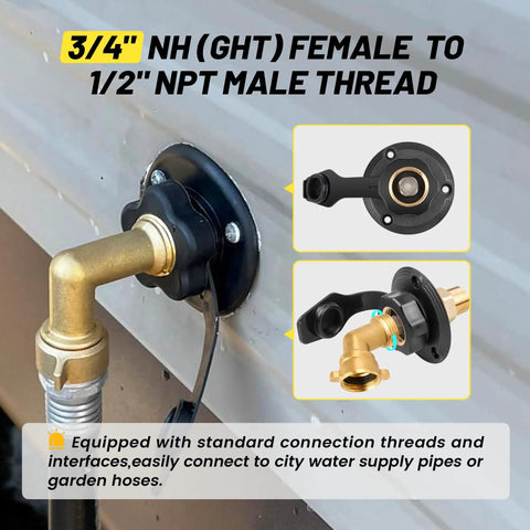 City Water Inlet For RV With Lead Free Brass And Check Valve, Three Quarter Inch NH Female To One Half Inch NPT Male Connection, Water Fill Inlet Flange Replacement For Camper Trailer Motorhome And Marine Use; mounted on RV side