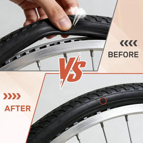 Comparison of bicycle tire before and after using 96 Pack Bicycle Tire Patch Kit For Inner Tubes Rubber Bike Patch Set For Road Mountain And Motorcycle Tires, Easy Patch Repair Tool For Outdoor Cycling And Weekend Rides with patches visibly applied.