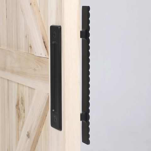 Side view of Solid Brass Sliding Barn Door Handles Set, 12 Inch Heavy Duty Two Sided Design, black finish on wooden door