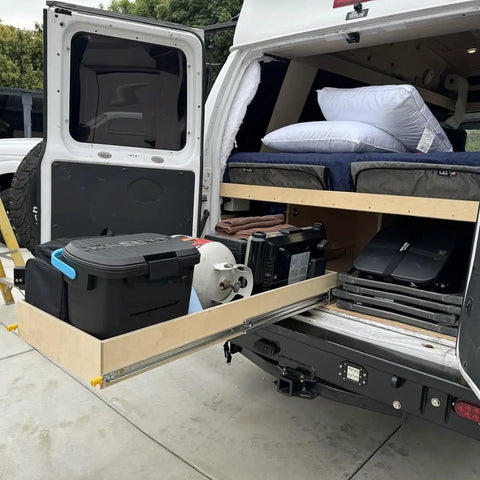 Beefy 250Lb Heavy Duty Drawer Slides with full extension side mount ball bearing rails in van storage