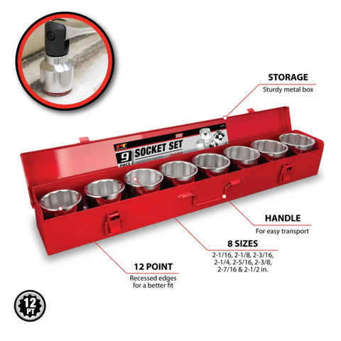 Beefy 9-Piece 3/4 Inch Drive Jumbo Socket Set With Extra Large SAE Sizes in metal case, drop-forged chrome construction displayed.