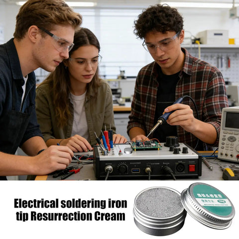 Students using soldering iron with Pro Grade Soldering Iron Tip Cleaner Block for kits and repairs on a circuit board.