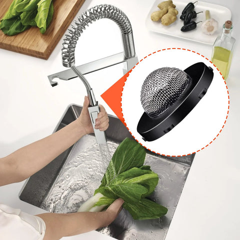 PAGOW 8-pack hose filter washers, stainless steel inlet screen for 3/4 in garden hoses, shown in pull-down faucet hose
