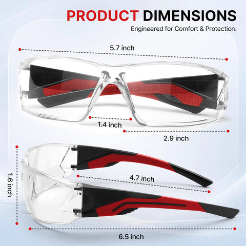 Thirty Pack Clear Safety Glasses For Men Bulk Hustle Ready Wrap Around Fit keeps sight crystal clean with dimensions shown.