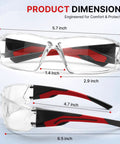 Real Deal Clear Safety Glasses For Men Bulk Pack Featuring Ansi Z87.1 Compliance Wrapping Design And Shatter Resistant Polycarbonate Lenses Delivering Heavy Duty Dust And Swarf Protection For Tradesmen And Diy Guys Out On A Job, showing product dimensions.