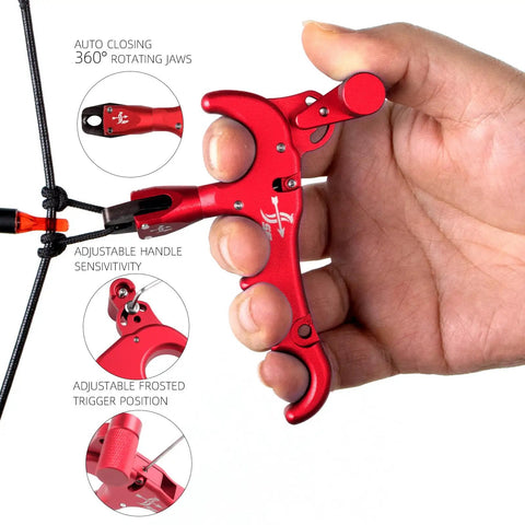 4-Finger Compound Bow Release Trigger With 360 Degree Rotating Thumb Release Aid, Auto Jaw Closure For Easy Arrow Control, Adjustable Trigger Sensitivity To Match Your Shot, Red, shown in hand use