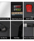 Close-up of Digital LED Soldering Hot Plate 110V 850W features, highlighting display screen and on/off switch.