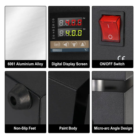 Close-up of Digital LED Soldering Hot Plate 110V 850W features, highlighting display screen and on/off switch.