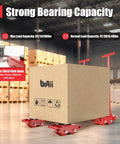 Beefy 6 Ton Machinery Mover Skate Dolly Set 4 Pack With 360 Degree Rotation Cap And Four Rollers Includes Two Steering Handles Heavy Duty Industrial Moving Equipment For Moving Large Machinery Red in warehouse demonstration