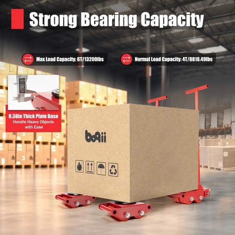Beefy 6 Ton Machinery Mover Skate Dolly Set 4 Pack With 360 Degree Rotation Cap And Four Rollers Includes Two Steering Handles Heavy Duty Industrial Moving Equipment For Moving Large Machinery Red in warehouse demonstration