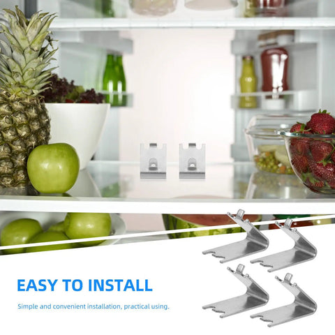 4 Pack Stainless Steel Refrigerator Shelf Clips With Arc Shape Dovetail Design installed in a fridge with fruits