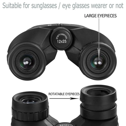 12x25 Compact Binoculars For Adults And Kids With Large Eyepieces, Waterproof, detailing rotatable eyepieces.