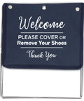 Welcome sign on foldable fabric shoe cover storage box with 10 pairs of disposable shoe covers includes double sided door hanger.