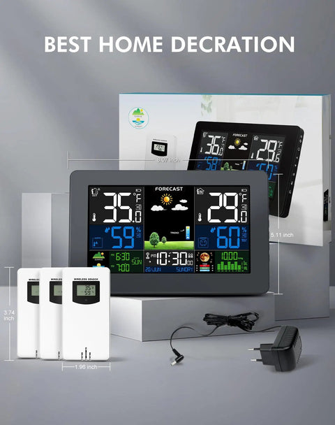 All In One Weather Station With Wireless Indoor And Outdoor Sensors Seven Point Five Inch Display HD Three Sensor Outdoor Thermometer Real Time Weather Forecast Atomic Clock Barometric Pressure Moon Phase Easy Home Weather Monitoring product display with accessories
